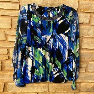Womens Alfani  Long Sleeve Top Geometric Pattern Blue Black Green Size S